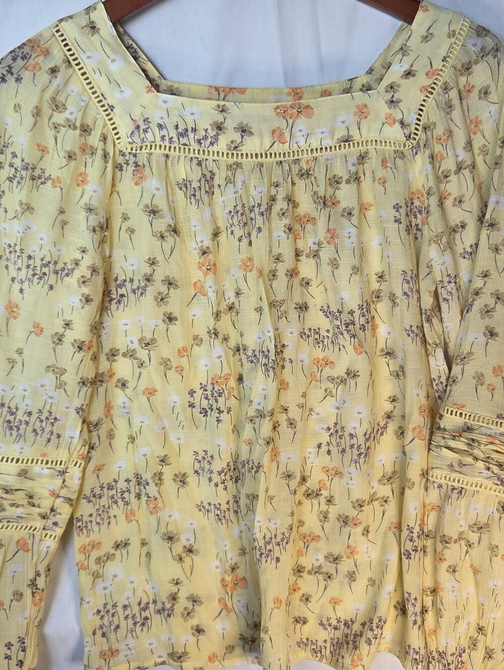 Lauren Conrad Top Yellow Floral Square Neck Long Sleeves Sz XS Lightweight Boho